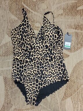 Jones New York Black Swimsuit with Brown Leopard Trim